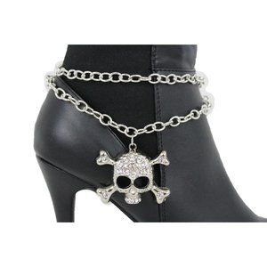 Women Silver Metal Chain Boot Strap Bracelet Shoe Anklet Big Bling Skull Charm